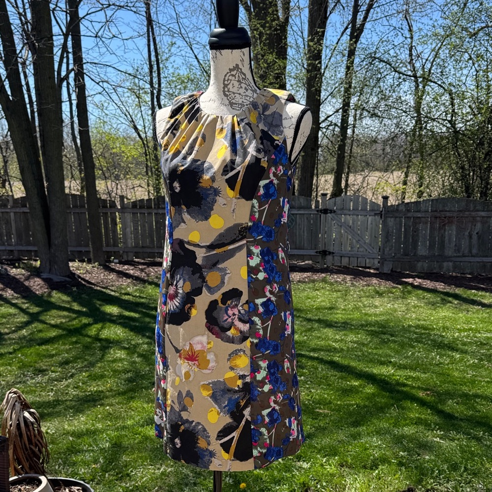 Floral Sleeveless Shift Dress with Blue & Yellow Accents